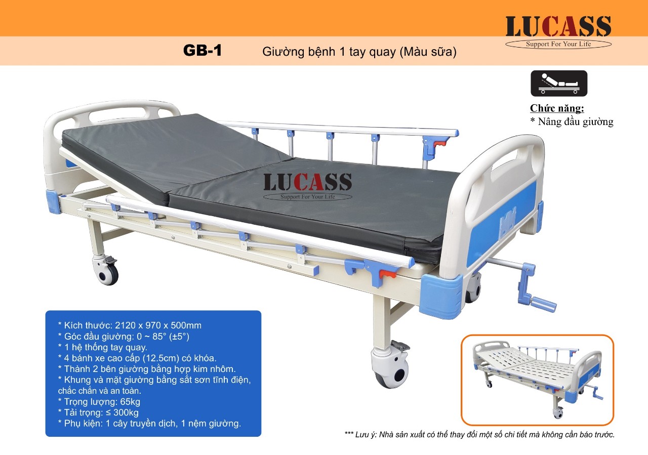 Giường bệnh 1 tay quay Lucass GB-1: Nên chọn cho người bị viêm phổi